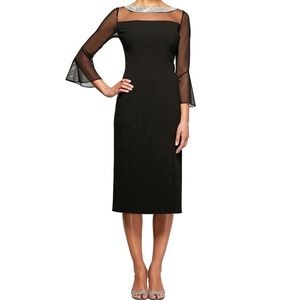 NWT Illusion Mesh Bell Sleeve Crepe Sheath Dress